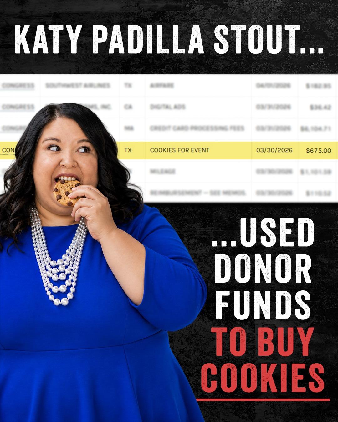 Katy Stout eating a cookie beside the Katy Stout for Congress FEC ledger, with the $675 COOKIES FOR EVENT line highlighted